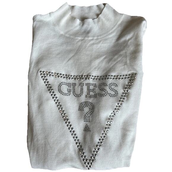 VTG 90s y2k Guess studded sweater Logo Turtleneck Large Rhinestones Studs cream - Picture 4 of 12